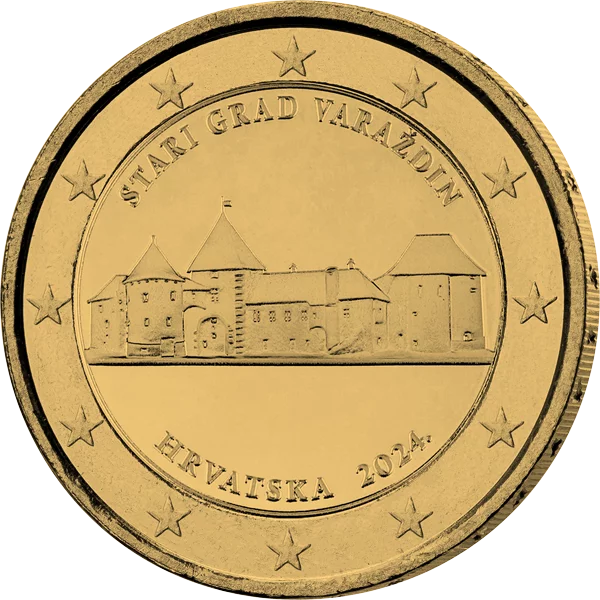 Pièce commémorative de 2 euros Croatie Vieille ville de Varazdin 2024, édition premium entièrement plaquée or