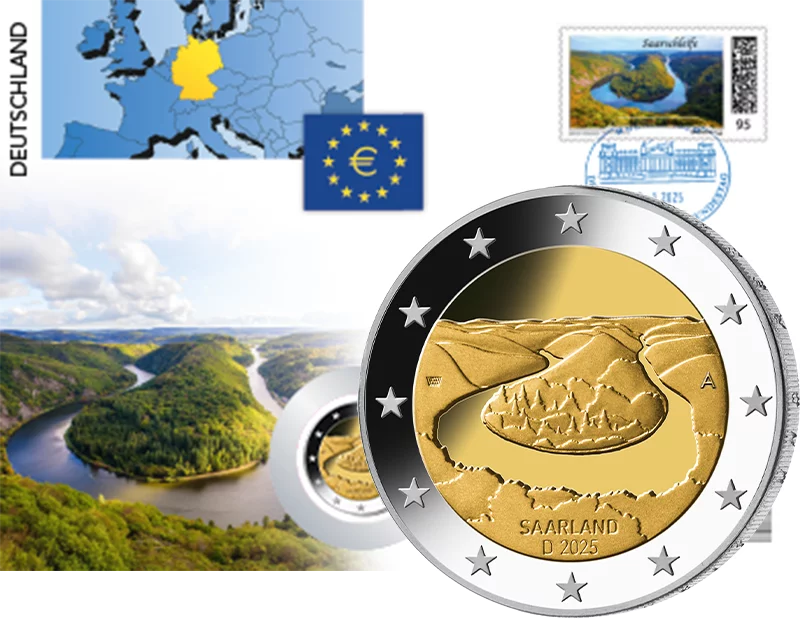 Enveloppe numismatique de 2 euros, République fédérale d'Allemagne, Sarre, boucle de la Sarre, 2025