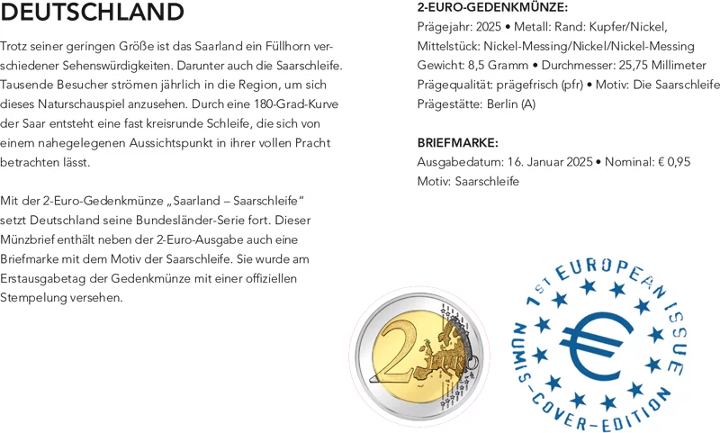 Enveloppe numismatique de 2 euros, République fédérale d'Allemagne, Sarre, boucle de la Sarre, 2025