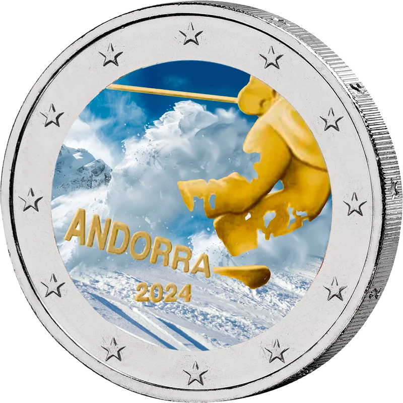2 euros Andorre 100 ans de ski en Andorre 2024 avec application couleur