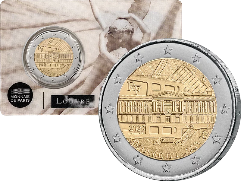 Pièce de 2 euros France Musée du Louvre 2025 sur la carte-pièce Cupidon et Psyché