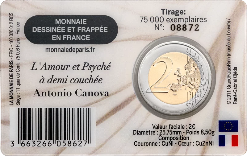 Pièce de 2 euros France Musée du Louvre 2025 sur la carte-pièce Cupidon et Psyché