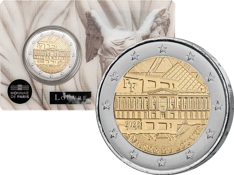 Pièce de 2 euros, France, Musée du Louvre 2025, carte à l'effigie de la Victoire de Samothrace