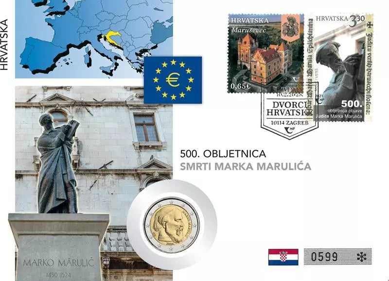 Enveloppe numismatique de 2 euros Croatie 500e anniversaire de la mort de Marco Marulic 2024