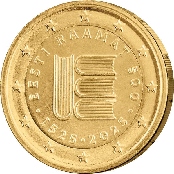 Pièce commémorative estonienne de 2 euros commémorant les 500 ans de l'imprimerie, 2025, édition premium entièrement plaquée or