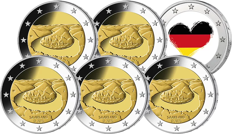 5 pièces de 2 euros, Allemagne, Sarre, Saarschleife 2025 + pièce de 2 euros édition artiste, Nous sommes l'Allemagne