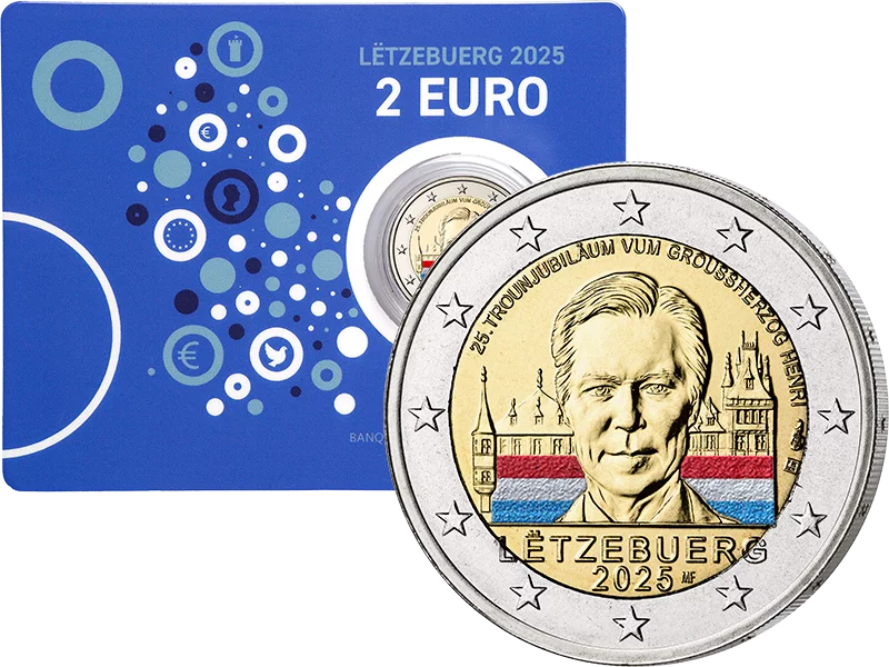 Pièce de 2 euros luxembourgeoise commémorant le 25e anniversaire de l'accession au trône du grand-duc Henri en 2025 (application couleur)