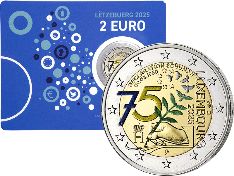 Pièce de 2 euros Luxembourg 75e anniversaire de la Déclaration Schuman 2025 avec application en couleur