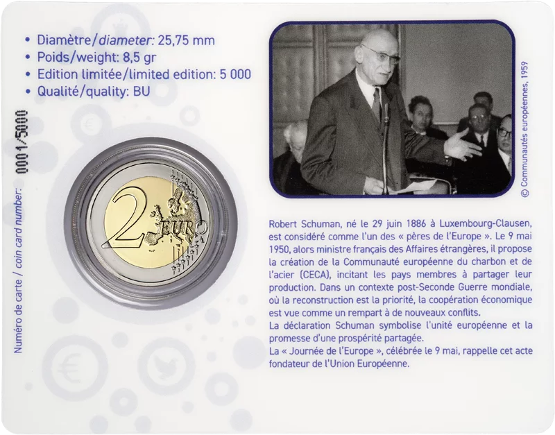 Pièce de 2 euros Luxembourg 75e anniversaire de la Déclaration Schuman 2025 avec application en couleur