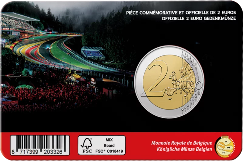 Carte à pièces de 2 euros, circuit de Spa-Francorchamps (Belgique), édition 2025, dans la langue de votre choix.
