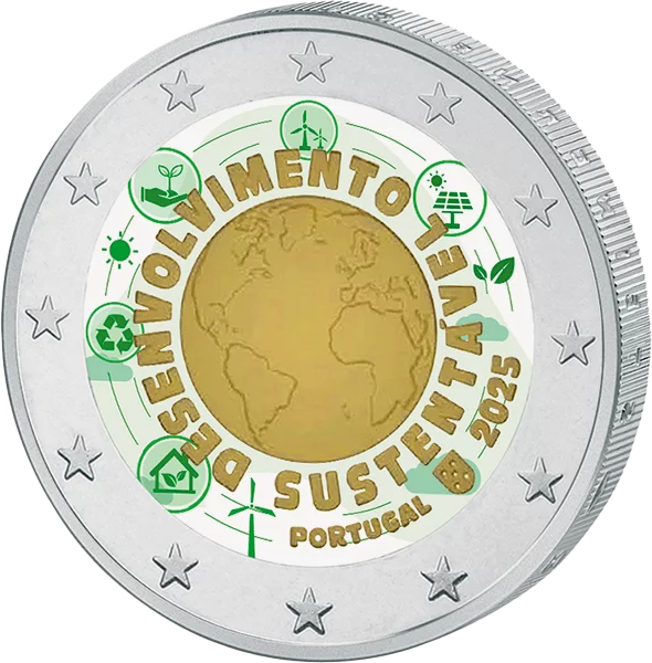 2 euros Portugal Développement durable 2025 avec application couleur
