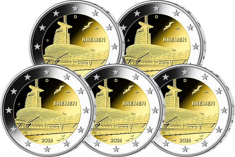 5 pièces de 2 euros, Allemagne, Brême - Klimahaus Bremerhaven 2026, état neuf (A-J)