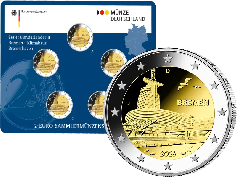 5 x 2 Euro BRD Brême - Klimahaus Bremerhaven 2026 Hors-Circulation (A-J) incl. cloque