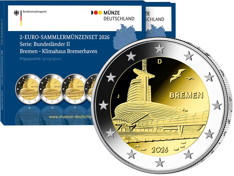 Plaque polie 5 x 2 Euro BRD Bremen - Klimahaus Bremerhaven 2026 (A-J) avec dossier