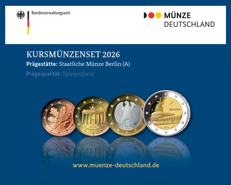 Coffrets de 5 pièces de 5 euros Allemagne 2026 Belle Épreuve (A-J) sous blister, comprenant 2 pièces Climate House en euros.