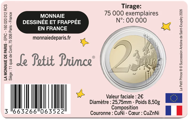 Carte de 2 euros France 80 ans du Petit Prince - Livre et Renard 2026