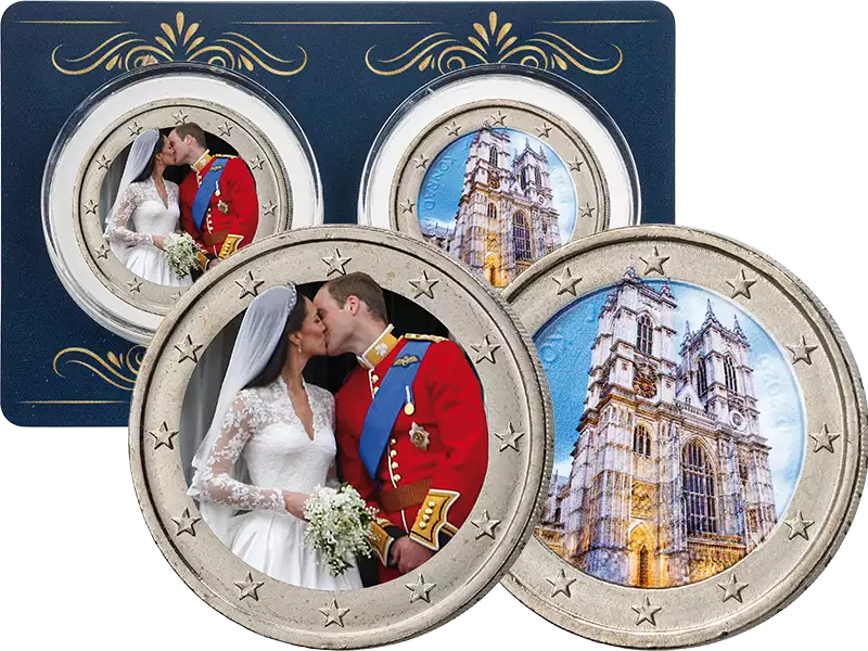 Deux éditions d'artiste de 2 euros chacune, représentant Kate et William.