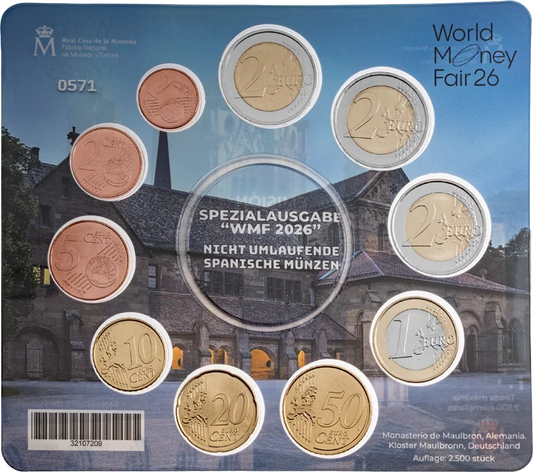 Coffret de pièces en euros Espagne Foire mondiale de la monnaie comprenant les deux pièces commémoratives de 2 euros 2026