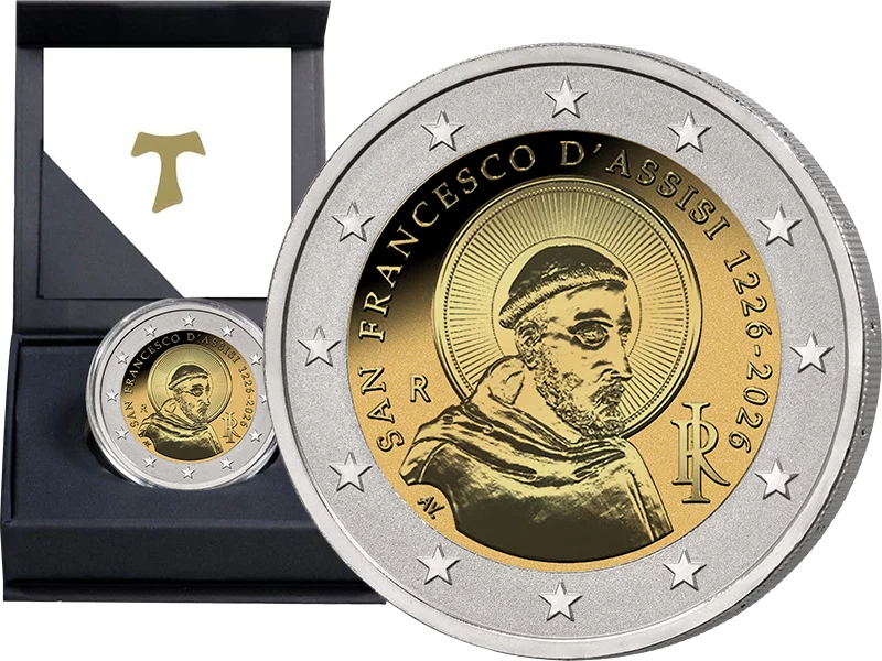 Pièce de 2 euros Italie 800e anniversaire de la mort de François d'Assise 2026, épreuve inversée