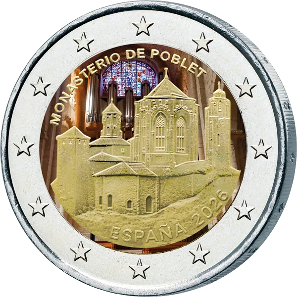 Monastère de Poblet, 2 euros, Espagne, patrimoine mondial de l'UNESCO, 2026, avec application couleur
