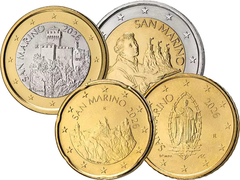 Pièces de circulation de Saint-Marin : 20 centimes + 50 centimes + 1 euro + 2 euros, 2026