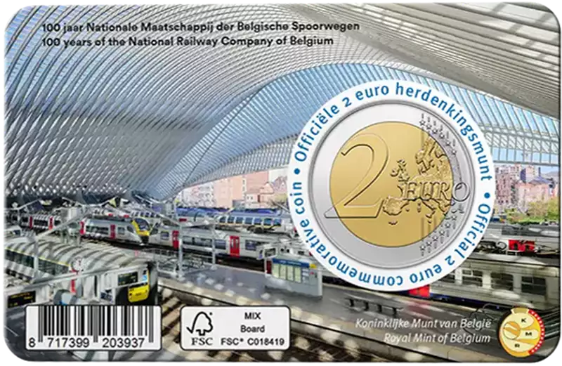 Pièce de 2 euros Belgique 100 ans des Chemins de fer d'État belges 2026, en carte à pièces, dans la langue de votre choix