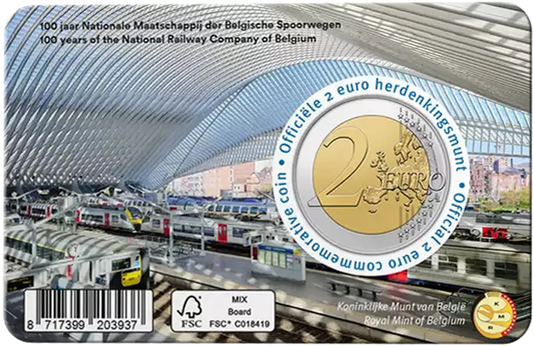 Pièce de 2 euros Belgique 100 ans des Chemins de fer d'État belges 2026, en carte à pièces, dans la langue de votre choix