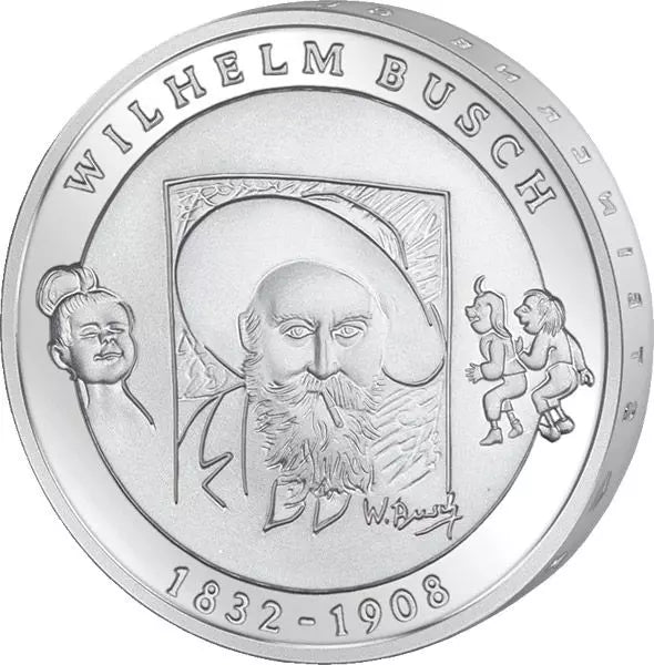 Pièce de 10 euros de la République fédérale d'Allemagne, commémorant le 175e anniversaire de Wilhelm Busch (2007), en état neuf.