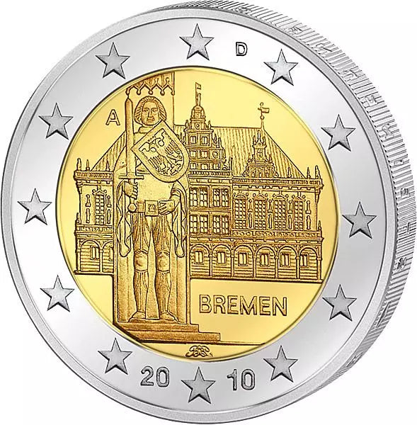Pièce de 2 euros, hôtel de ville de Brême et statue de Roland, 2010