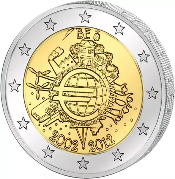 Pièce de 2 euros belge, commémorant les 10 ans de l'euro (émission conjointe de tous les pays, 2012), en parfait état.