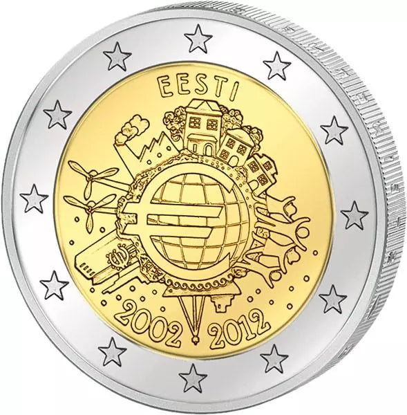 Pièce de 2 euros d'Estonie, commémorant les 10 ans de l'euro (émission conjointe de tous les pays, 2012), en parfait état.