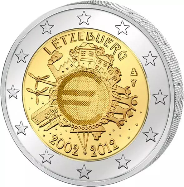 Pièce de 2 euros Luxembourg, commémorant les 10 ans de l'euro, émission conjointe de tous les pays, 2012, état neuf