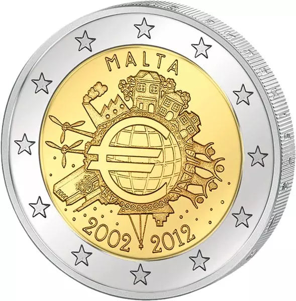 Pièce de 2 euros de Malte, commémorant les 10 ans de l'euro (émission conjointe de tous les pays, 2012), en parfait état.
