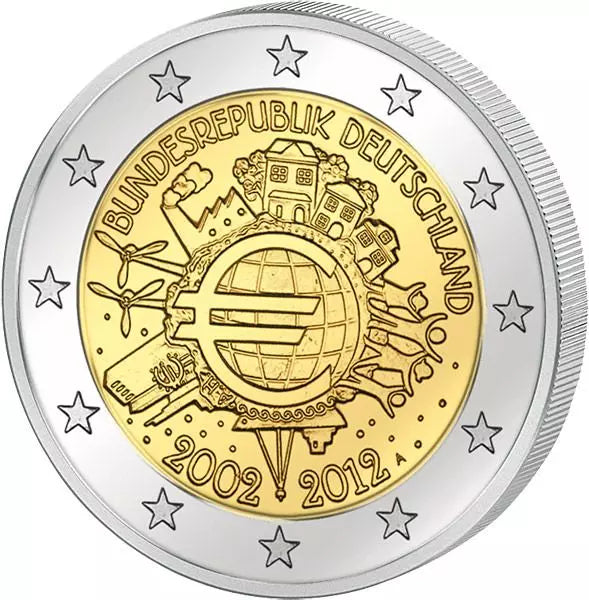 Pièce de 2 euros de la République fédérale d'Allemagne, commémorant les 10 ans de l'euro (émission conjointe de tous les pays, 2012), en parfait état.