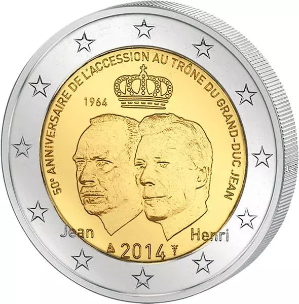 Pièce de 2 euros luxembourgeoise commémorant le 50e anniversaire de l'accession au trône du grand-duc Jean, 2014, en parfait état.