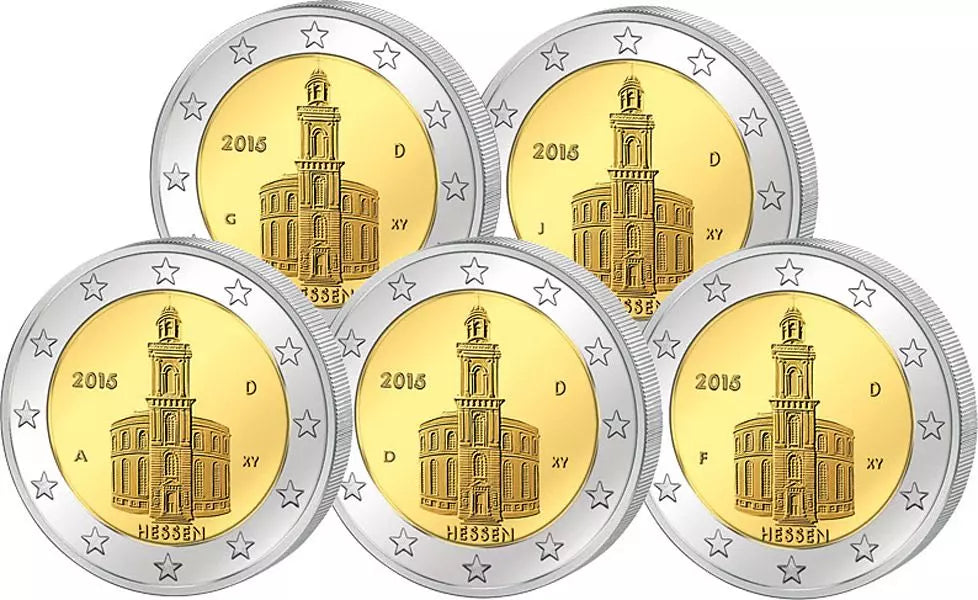 5 pièces de 2 euros République fédérale d'Allemagne Hesse Francfort Paulskirche 2015 État neuf (A-J)