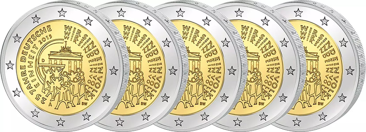 5 pièces de 2 euros, Allemagne, 25 ans d'unité allemande 2015, état neuf (A-J)