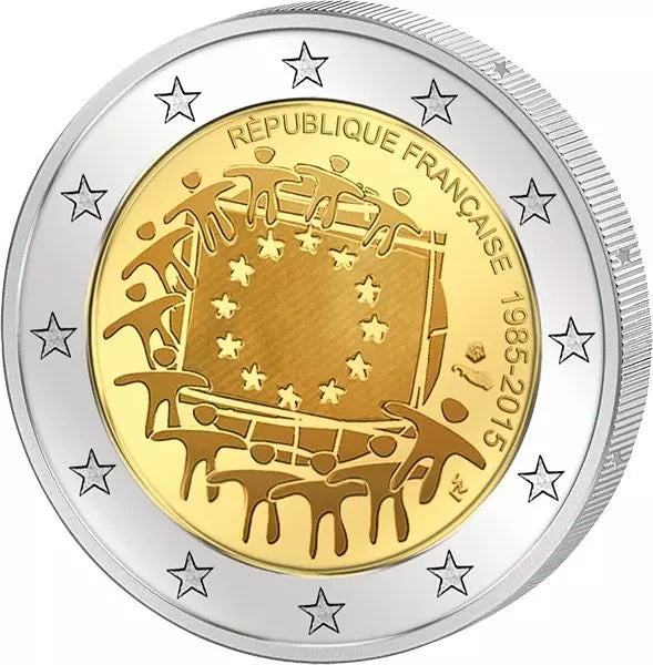Pièce de 2 euros France 30 ans du drapeau européen Émission conjointe de tous les pays 2015 État neuf