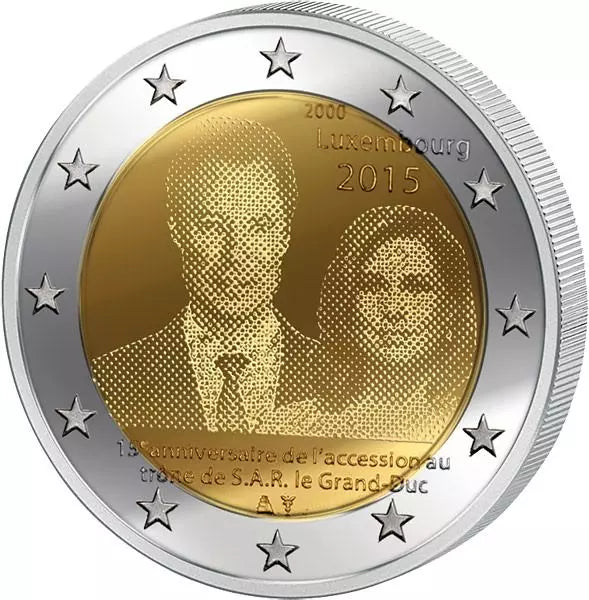 Pièce de 2 euros luxembourgeoise commémorant le 15e anniversaire de l'accession au trône du grand-duc Henri (2015), en parfait état.