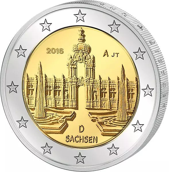Pièce de 2 euros de la République fédérale d'Allemagne, Saxe, Dresde, Zwinger, 2016, en parfait état.