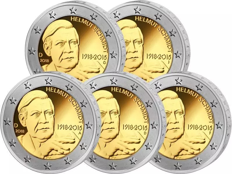 5 pièces de 2 euros, Allemagne, commémorant le 100e anniversaire d'Helmut Schmidt, 2018