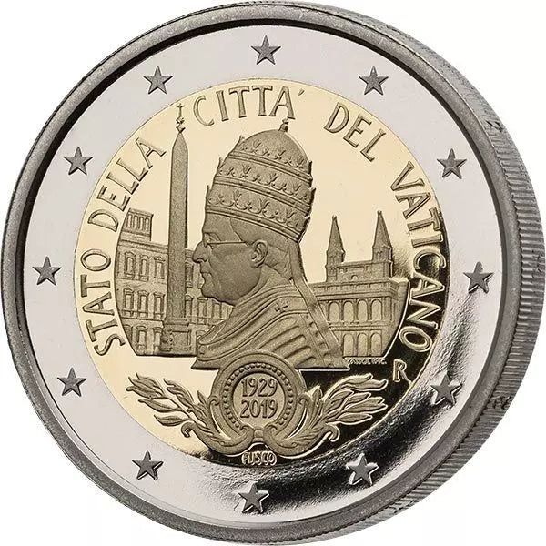Pièce de 2 euros Vatican Premier Jour Édition 90e anniversaire de la fondation de l'État de la Cité du Vatican 2019 Épreuve avec timbre-poste
