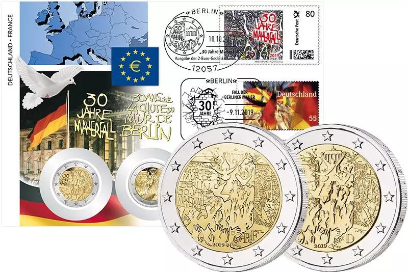 Double enveloppe numismatique Allemagne et France 30e anniversaire de la chute du mur de Berlin 2019 erreur d'impression