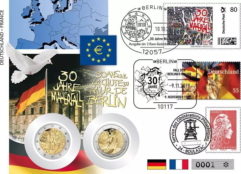 Double enveloppe numismatique Allemagne et France 30e anniversaire de la chute du mur de Berlin 2019 erreur d'impression